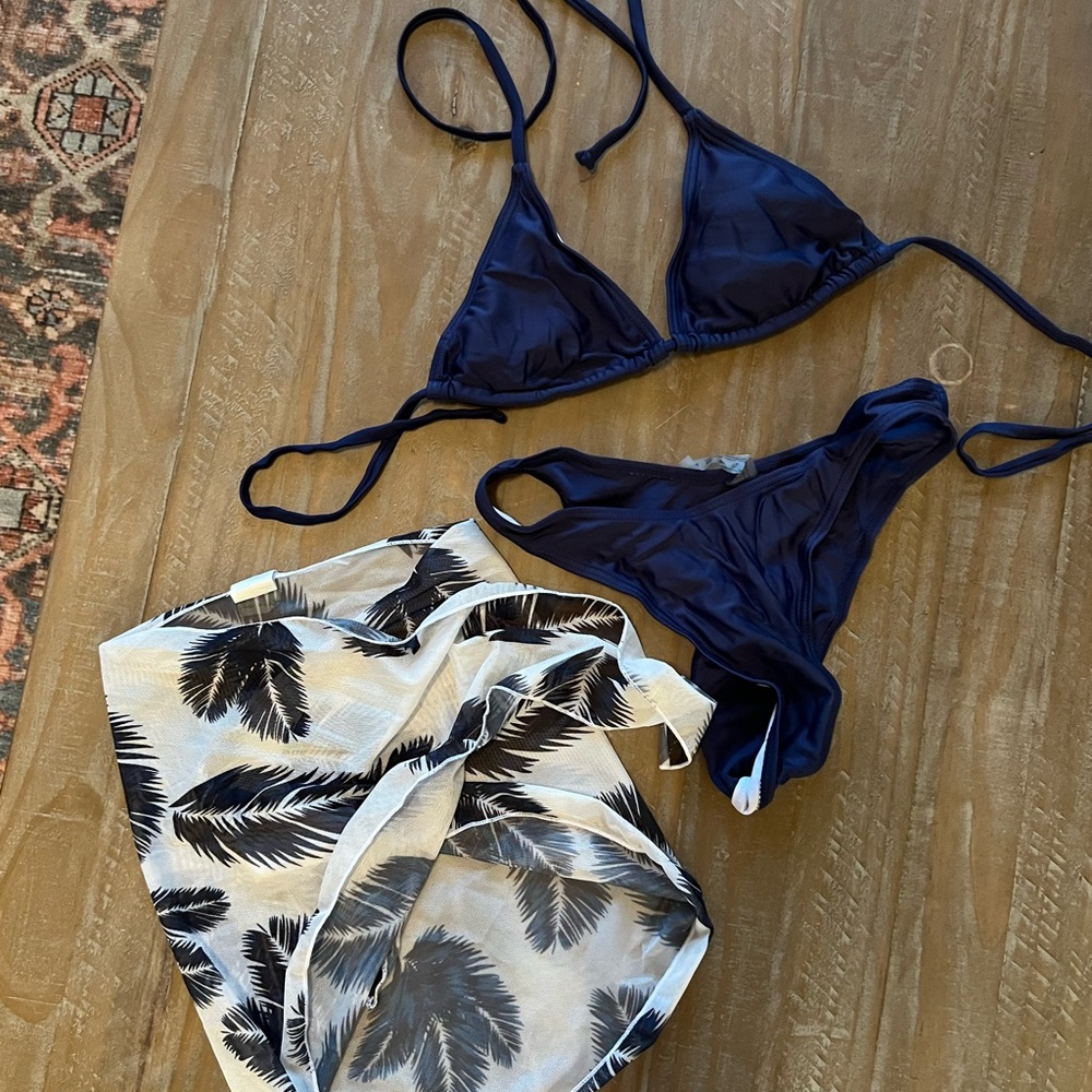 SOLD— Navy Bikini Set with Palm Print Cover-Up